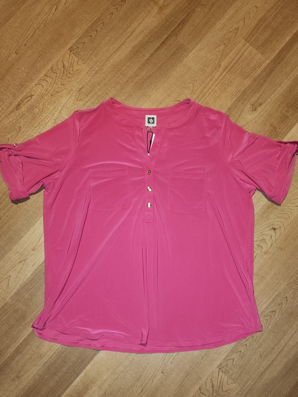 Anne Klein Bright Pink Short Sleeve Henley Blouse